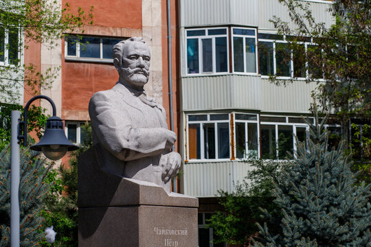 Monument to Tchaikovsky near the music college of Almaty. Almaty, Kazakhstan - April 2025