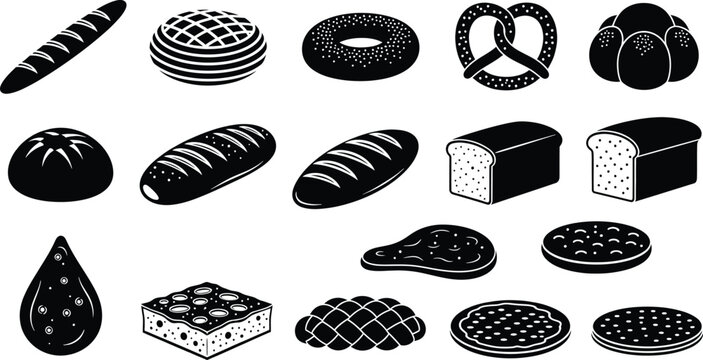 Collection of black and white bread and baked goods icons including pretzels, bagels, loaves, and flatbreads