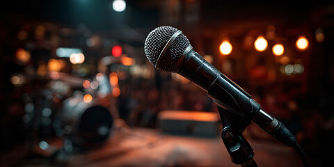 Microphone Stage Performance Concert Lights Blurred Background Entertainment Music