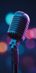 Vintage Microphone Colorful Neon Lighting Music Audio Recording Entertainment