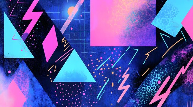 Vibrant collage of retro nineties inspired geometric shapes including blue triangles and pink rectangles on textured dark background with yellow lightning bolts and artistic paint stroke details
