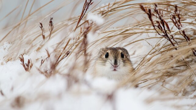 A Collared Lemming popping out of its intricate network of runways in the snow tiny and alert surrounded by snowy grasses portrait in Greenland