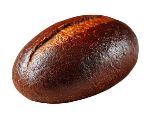 Close-up of a dark, oblong loaf of bread.  Crisp, textured crust.  Oval shape.  Isolated on black