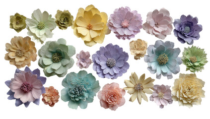 Pastel-colored paper flowers in various sizes and shapes
