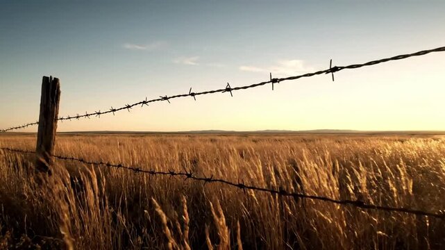 Weathered Fence Post with Glint Medium shot focusing on a section of fence where weathered wooden posts meet the wire, highlighting the contrast and intermittent glints from the taut wire.