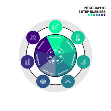 Infographic circular vector template with 7 options, parts. 7-step cycle diagram for business infographics. Process chart, vector  banner for presentation, report, brochure, web, data visualization.