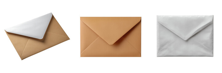 Assortment of kraft paper envelopes for mailing and stationery design Isolated on a transparent background