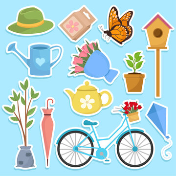 Spring elements stickers gardening tools plant pot bine flowers bouquet seed pack butterfly