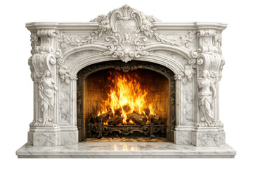 Fototapeta premium Ornate white marble fireplace with classical baroque carving and burning fire on transparent background