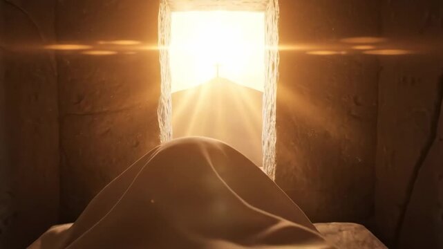 Jesus Christ Body Wrapped in Shroud Inside Stone Tomb with Cross on Hill in Background, Resurrection and Easter Concept