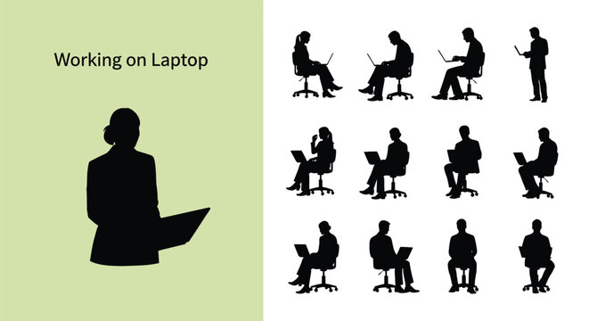 Collection of diverse business silhouettes demonstrating various working positions while actively using modern portable laptop computers in different settings and postures