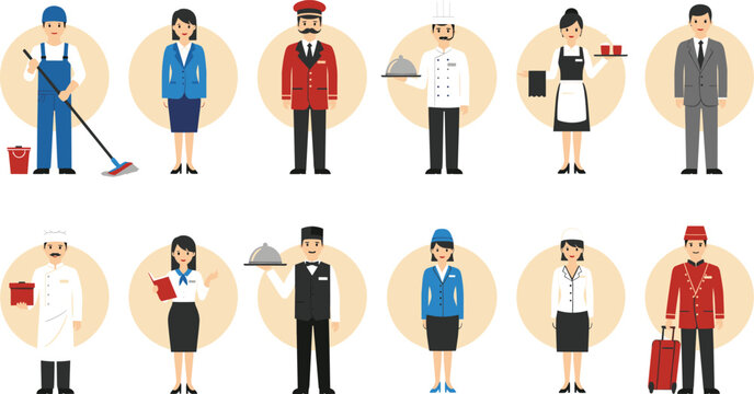 Hotel staff profession character collection with cleaners, receptionists, chefs and service employees vector illustration