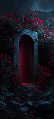 Mysterious Red Doorway with Curtain Rose Petals Dark Moody Atmospheric Entrance