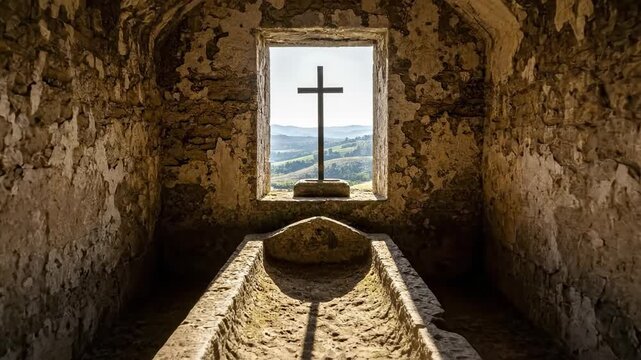 Ancient stone tomb in a dark crypt with a cross silhouette in the window and a shadow cast on the sarcophagus