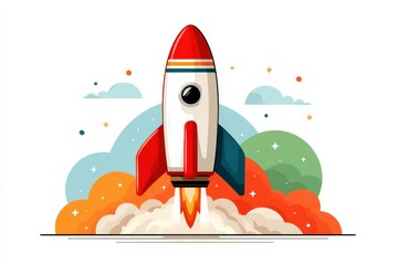 Fototapeta premium Vector illustration of a colorful rocket launching into the sky with bold design elements