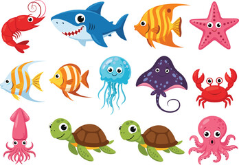 Cute sea animal cartoon collection with fish, shark, turtle, octopus and marine creatures vector illustration