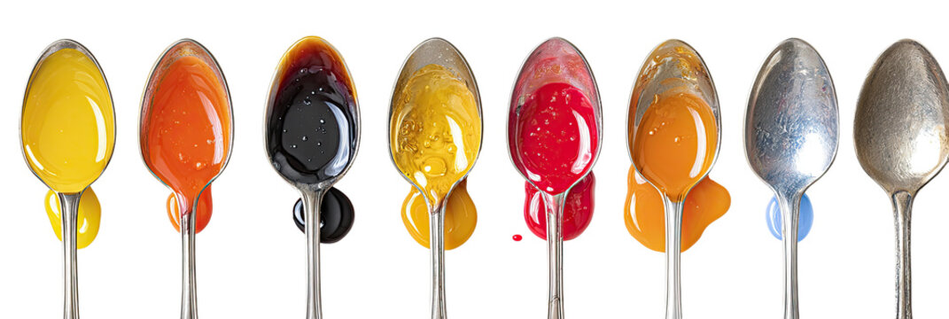 Colorful liquids drizzled from spoons on a black background