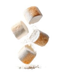 Marshmallows in mid-air, light beige, powdered sugar
