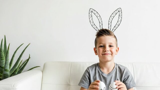 A young Caucasian boy wearing wire bunny ears and holding decorated Easter eggs over his eyes while sitting on a white sofa at home.