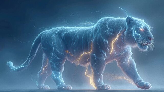 Digitally rendered tiger against a cloudy blue backdrop, detailed fur in shades of dark orange and brown, intense eyes, slightly open mouth, dramatic shadows, lightning effects, high-qu - AI-Generated
