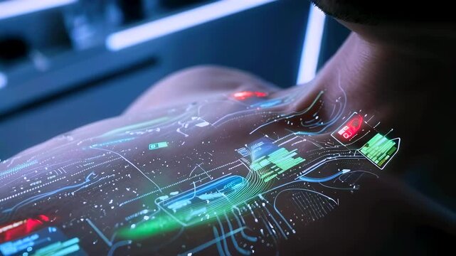 holographic medical scan across chest, transparent circuit overlay maps vitals and cardiac pathways, realtime telemetry readouts, clinical ambience, useful for telemedicine and diagnostic