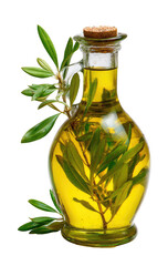 Clear glass olive oil bottle, adorned with fresh olive branches