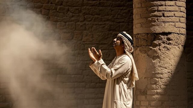 Middle Eastern Muslim man in traditional white thobe and ghutra praying with hands raised in an ancient stone building with dramatic lighting and dust