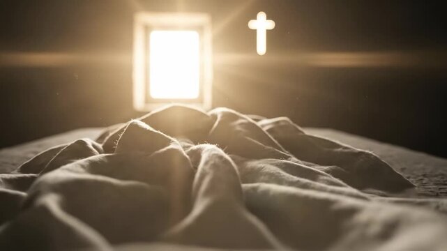 Empty Tomb of Jesus Christ with Burial Shroud and Glowing Cross Light, Resurrection of Jesus on Easter Sunday Morning, Christian Faith and Hope Concept