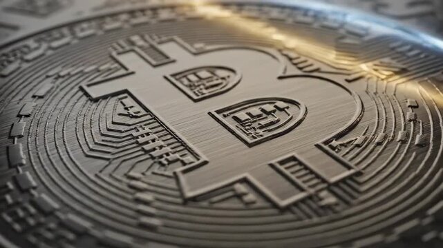 Bitcoin Macro Texture Close-up with Intricate Details and Circuitry Patterns