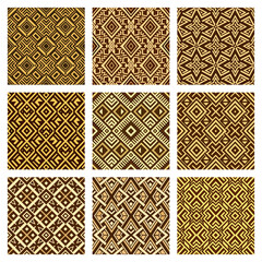 Collection of 9 seamless vector patterns in African style, beige tones, set of images  