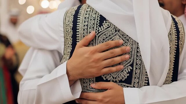 Close up of two young Middle Eastern men in traditional white thobe and embroidered vest hugging during a celebration or wedding event