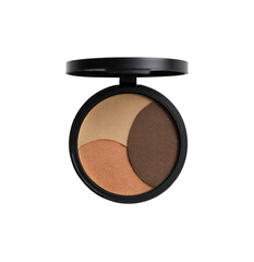 Round compact eyeshadow with three tones.  Two halves of contrasting shades, a light beige/tan and a deep brown, meet in a curved arc.  Dark, matte, circular compact