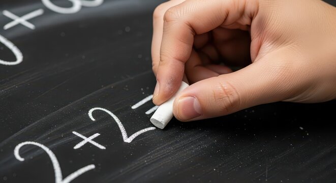 Person writing basic arithmetic operation on a dark slate surface with white chalk