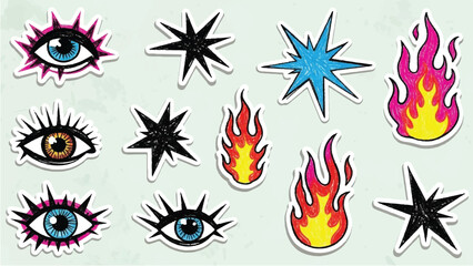 Obraz premium Crayon lightning, fire and star doodle shapes set. Hand drawn charcoal graffiti punk pencil simple scribble element. Flash lightning fire star pastel punk rock vector grange