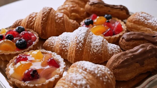 Assorted sweet pastries with fruit and chocolate on a plate, variety of croissants and danishes, powdered sugar, bakery, dessert