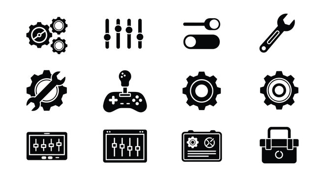 Collection of black and white technical support and maintenance icons