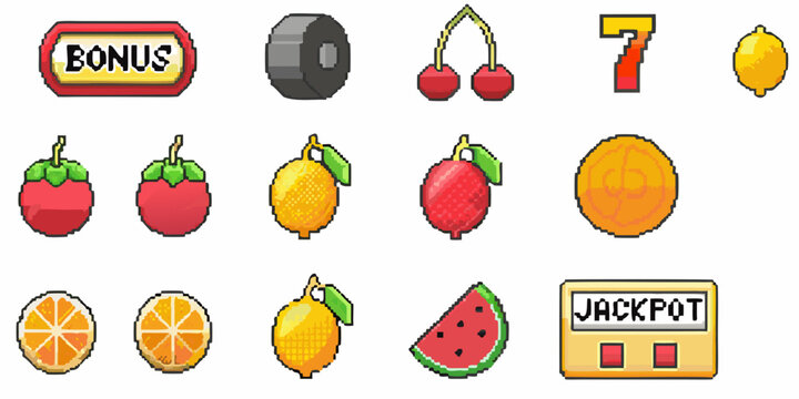 Pixel art slot machine symbols including fruits bonus and jackpot signs
