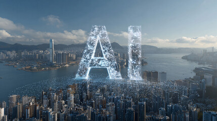 Artificial Intelligence AI Symbol Glowing Above City Skyline Technology Concept