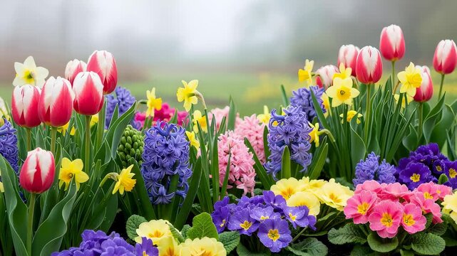 A vibrant spring garden with blooming tulips, hyacinths, daffodils, and primulas showcasing colorful floral arrangement.