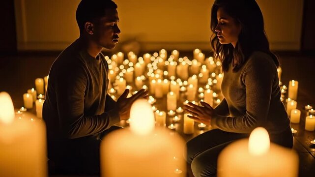 A young couple kneeling and praying together in a dark room surrounded by many glowing candles, spiritual moment of faith and devotion