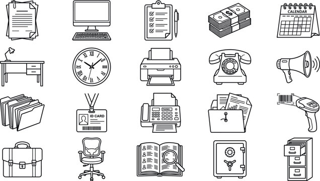 Office and business management line icon set including computer, documents, money, calendar, desk, printer, telephone, and workplace supplies.