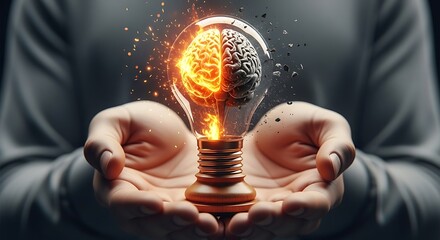A striking image of hands holding a light bulb with a glowing, fiery brain inside, symbolizing innovation, creative thinking, and the power of ideas.