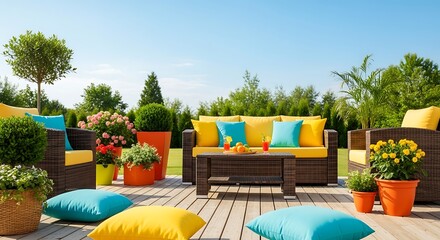 Vibrant outdoor patio with comfortable rattan furniture, bright yellow and blue cushions, lush greenery, and refreshing drinks under a clear sky.