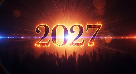 Dynamic image of the year 2027 in fiery, glowing text with bright lens flares and a silhouetted crowd, symbolizing a powerful new year or future event.