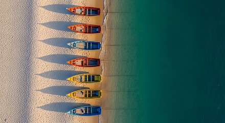 Stunning aerial shot of vibrant boats docked on a pristine sandy shore next to clear turquoise ocean water. Long shadows add depth to this beautiful coastal scene.