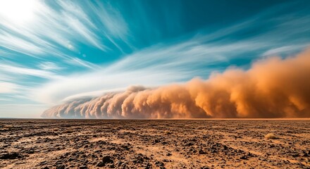 A massive, sweeping dust storm engulfs a vast, rugged desert landscape under a striking blue sky. Capturing the raw power of nature and extreme weather conditions.