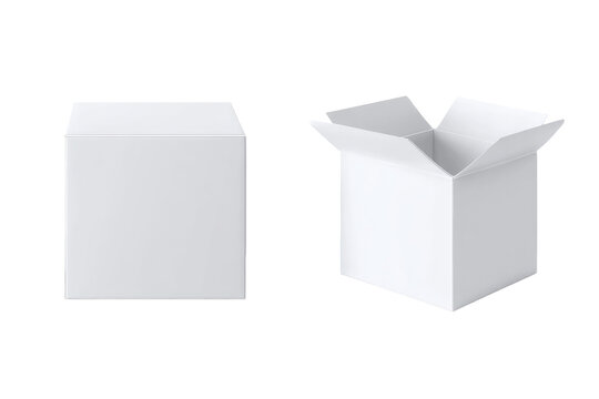 Two white cardboard boxes; one closed, one open