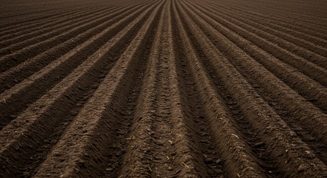 Dark Brown Tilled Farmland Field with Parallel Furrows