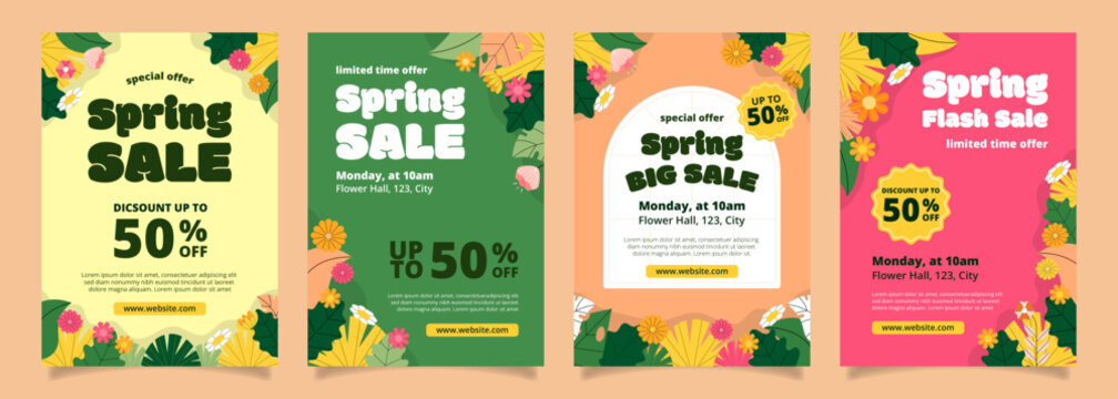 Spring sale poster template collection with floral design and discount promotion
