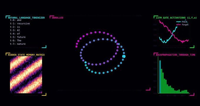 AI Neural Network Visualization Showing LSTM Gate Activations, Tokenized Language Processing, Hidden State Memory Matrix and Backpropagation Through Time in Futuristic Data Interface